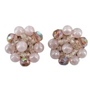 Vintage West Germany Pink Faux Pearl & AB Crystal Cluster Clip On Earrings